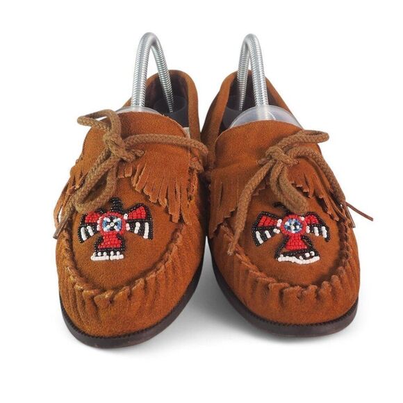 Morgan Woods Vintage Suede Kilty Beaded Slip-on Moccasins 209135 Brown Women's 9 - Picture 3 of 11